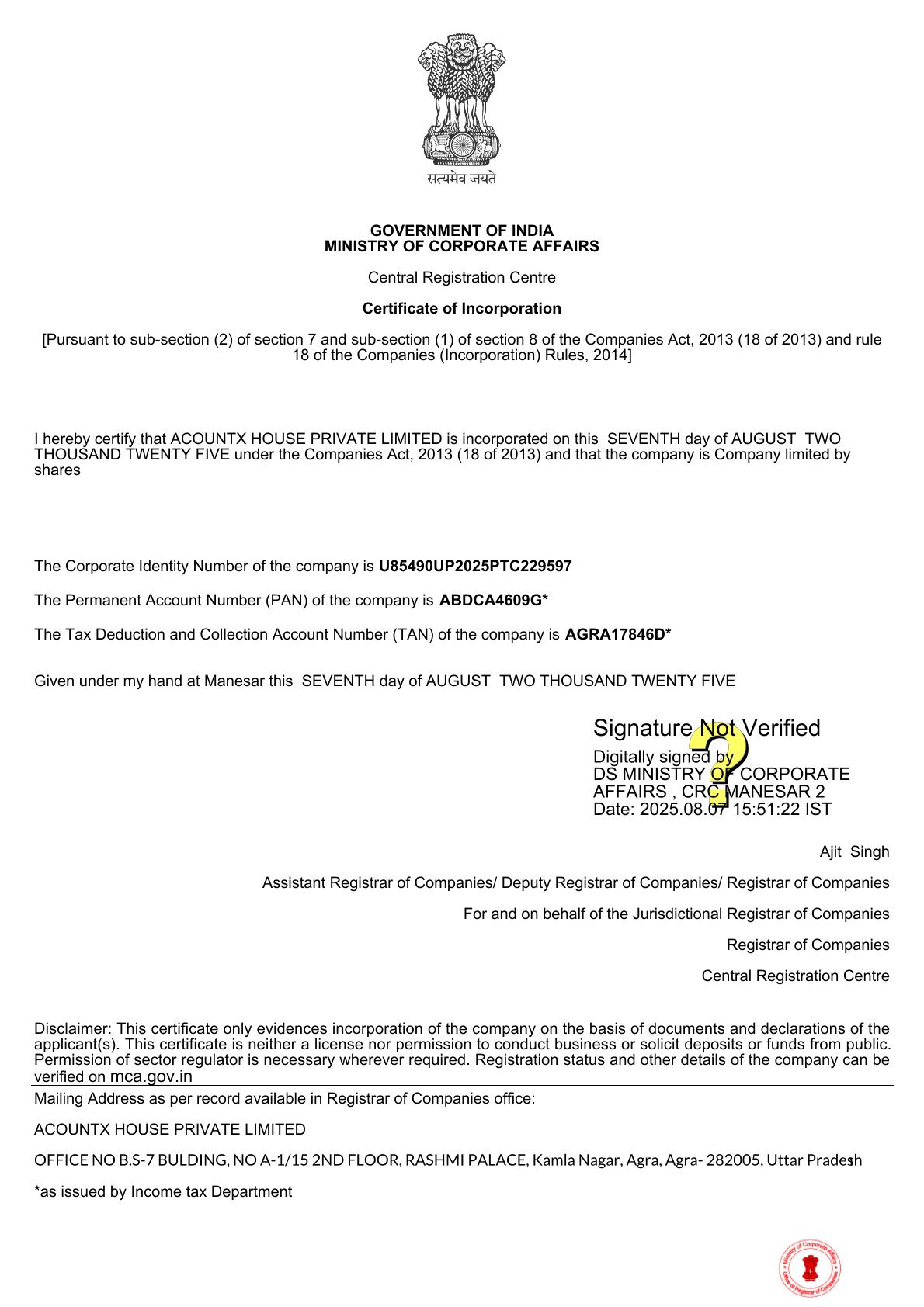 AcounTx House Private Limited Certificate